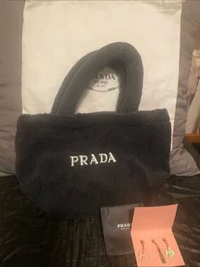 Prada Black Plush Shearling Tote with White Logo and charm set